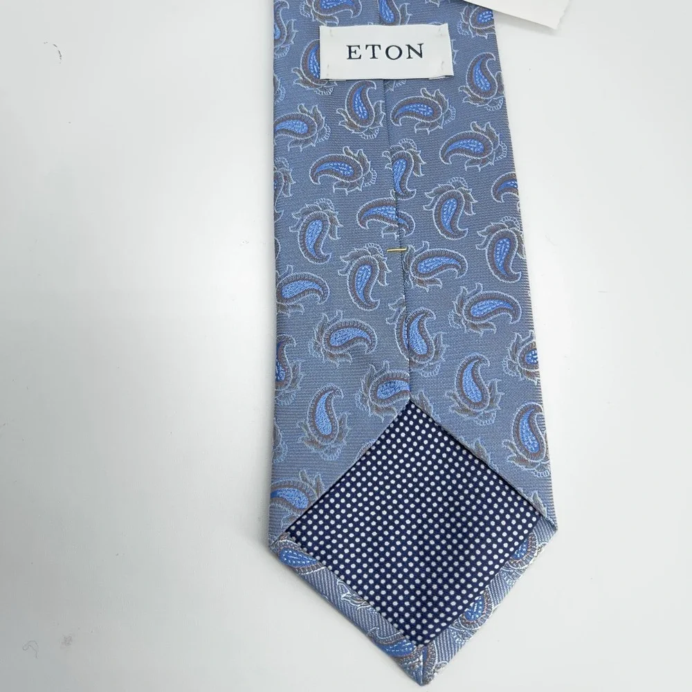 Eton Necktie Mens One Size‎ Grey Blue Silk Paisley Luxury Made In England NWT